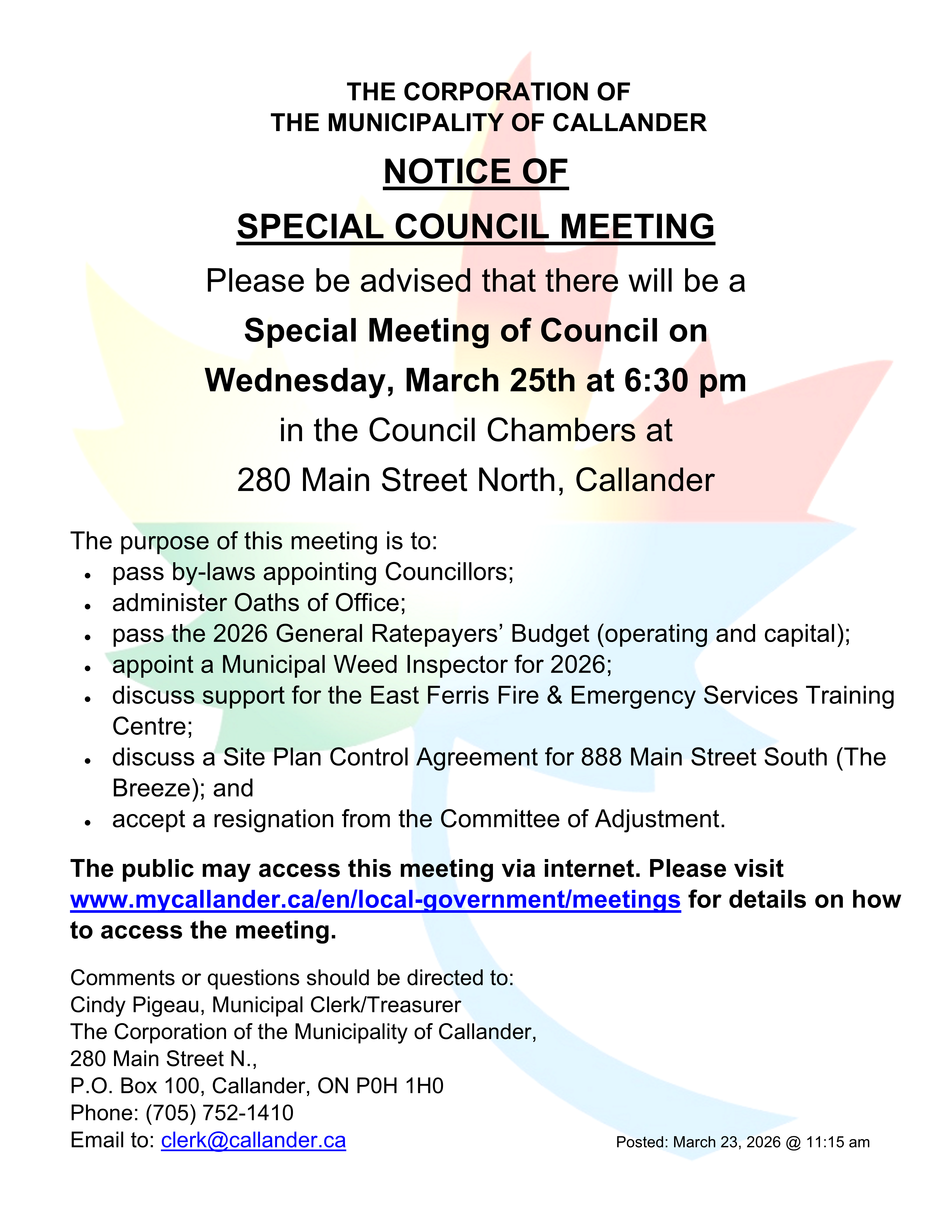 Notice of Special Council Meeting